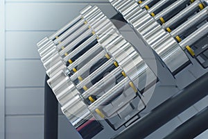 Dumbbells in gym. Close up many dumbells in sport fitness centre