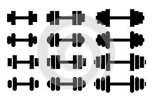 Dumbbells for the gym, icon set. Barbells black symbols.