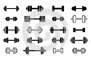 Dumbbells for the gym, icon set. Barbells black symbols.