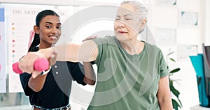 Dumbbells, physiotherapist and help elderly woman with exercise, healthcare consulting and muscle rehabilitation