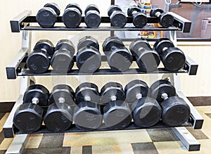 Dumbbells on a rack in a hotel gym