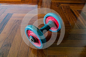 Dumbells on wooden floor