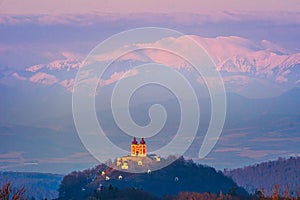 Dumbier mountain over Calvary near Banska Stiavnica town during winter