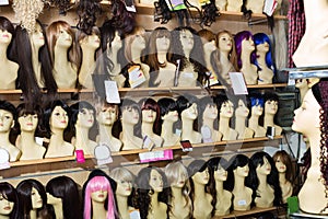 Dummies heads with hair style in shop