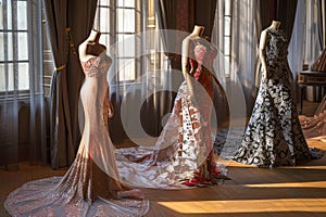 Dummy dressed in lace gowns with elegant trains displayed in front of large windows illuminated by natural sunlight