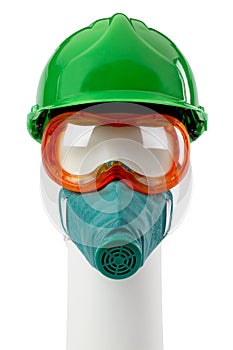 Dummy in hard hat safety glasses and respirator
