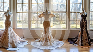 Dummy mannequins dressed in lace gowns with elegant trains displayed in front of large windows illuminated by natural sunlight