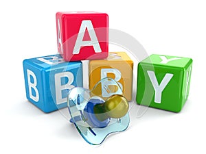 Dummy or pacifier and buzzword blocks with word baby.