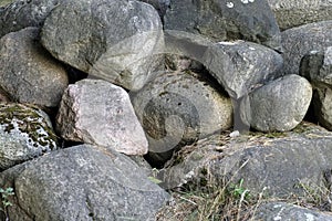 Dump of cameos at the edge of the forest. Boulders. Granite. Fallen leaves and needles