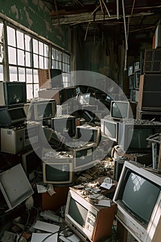 dump of old broken obsolete computer with displays or tv, pile of junk electronics, industrial concept