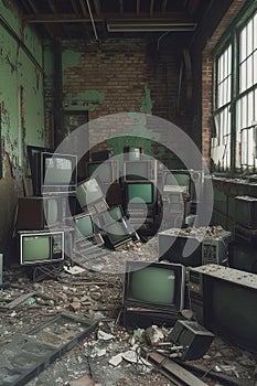 dump of old broken obsolete computer with displays or tv, pile of junk electronics, industrial concept