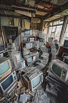 dump of old broken obsolete computer with displays or tv, pile of junk electronics, industrial concept