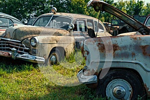 Dump of rusty old vintage cars, retro autos collection