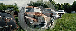 Dump of rusty old vintage cars, retro autos collection