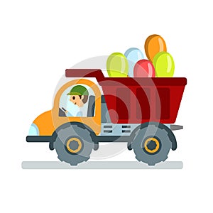 Dump truck with balloons and driver on white isolated background. Cartoon. Vector flat illustration