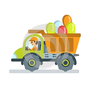 Dump truck with balloons and driver on white isolated background. Cartoon. Vector flat illustration