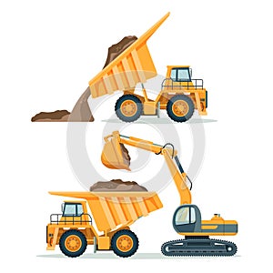 Dump truck with body full of soil and modern excavator