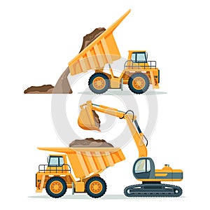 Dump truck with body full of soil and modern excavator photo