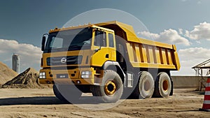 Dump truck at a construction site against blue sky