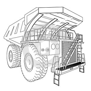 Dump truck contour from black lines isolated on white background. Perspective view. 3D. Vector illustration