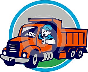 Dump Truck Driver Thumbs Up Circle Cartoon