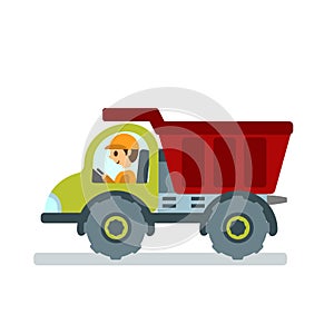 Dump truck with driver on white isolated background. Cartoon. Vector flat illustration