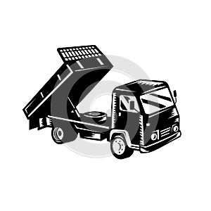 Dump Truck Dumper Truck or Tipper Truck Retro Woodcut Black and White