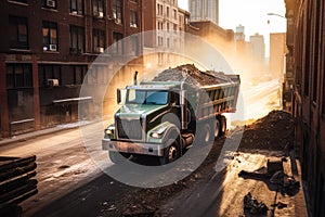 Dump Truck hauling debris away from a demolition site, in the morning light of an urban environment, Generative AI