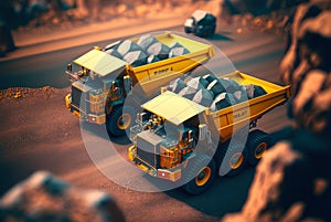 Dump truck for heavy industry mining. Ore or coal mining site with huge yellow vehicles. Industrial transport. Generated