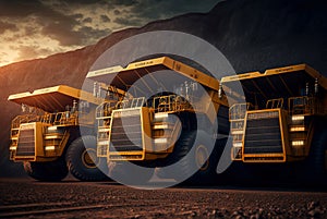 Dump truck for heavy industry mining. Ore or coal mining site with huge yellow vehicles. Industrial transport. Generated