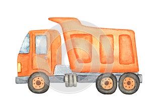 Dump truck, mining dump truck in cartoon style. Watercolor construction machine isolated on white.
