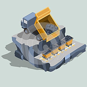 Dump truck ships coal into coal carts isometric vector