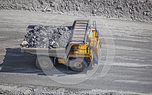 Dump truck, top view, road in opencast