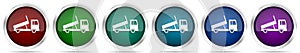 Dump truck, transport, transportation icons, set of silver metallic glossy web buttons in 6 color options isolated on white