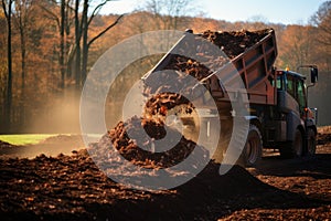 Dump Truck Unloading Biomass in Forest