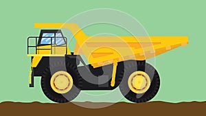 Dump truck yellow isolated with big wheel and dirt
