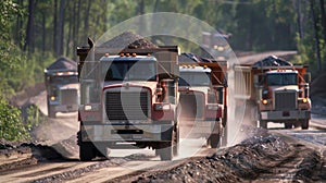 Dump trucks line up along the dirt road carrying loads of gravel and debris photo