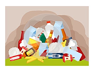 Dump of unsorted garbage illustration. Environmental pollution with non-degradable plastic glass and food waste