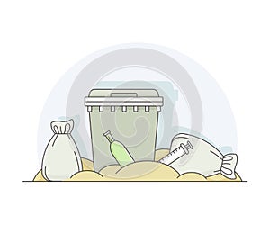 Dump with Unsorted Trash and Garbage Bags Piled Together Line Vector Illustration