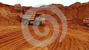 Dumper truck at sand mine. Drone view of mining truck working at sand quarry