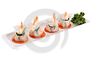 Dumpling dish, bag Dim Sum tail shrimp, Isolated on white.