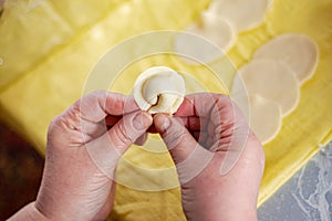 A dumpling in women`s hands, ready for cooking.