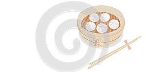 Dim sum in a steamer vector stock illustration. Chinese food in a bamboo steamer box.