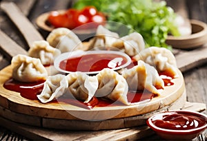 Dumplings with ketchup on a wooden table. Tasty dinner