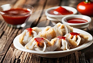 Dumplings with ketchup on a wooden table. Tasty dinner