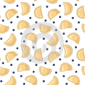 Dumplings pierogi, varenyky, pelmeni with blueberries seamless pattern. Vector hand drawn illustration.