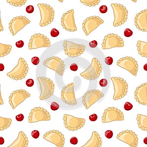 Dumplings pierogi, varenyky, pelmeni with cherries seamless pattern. Vector hand drawn illustration.