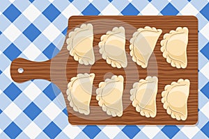 Dumplings pierogi, varenyky, pelmeni on a wooden cutting board on blue checkered tablecloth. Vector hand drawn illustration.