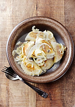 Dumplings with potato and cottage cheese stuffing pierogi. Traditional Polish Christmas Dinn