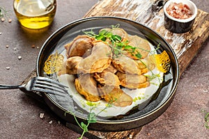 Dumplings with potatoes. Varenyky, vareniki, pierogi, pyrohy